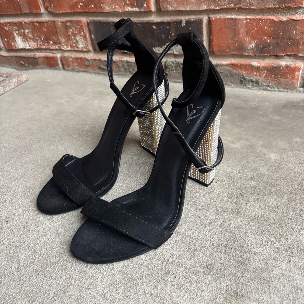 Windsor Double Wrap Strap Black Heels w/ Gem Accents